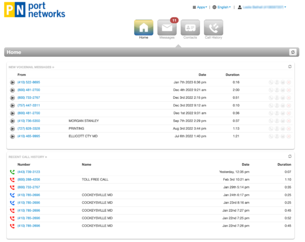 Screen shot of voicemail management page